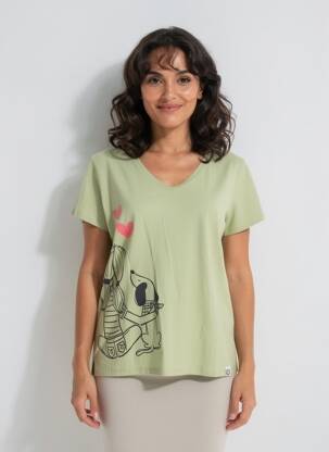 Tricou serigrafie flockată mâneci scurte verde NOOS NOOS femeie