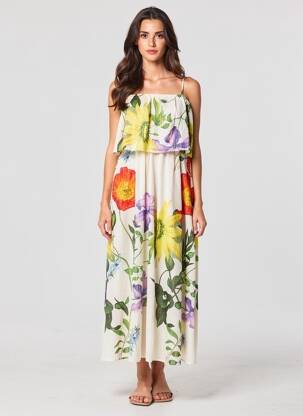 Rochie lungă imprimeu floral bretele subțiri bej NUMPH femeie