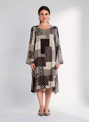 Rochie midi imprimeu fantezie mâneci lungi gri G!OZE femeie