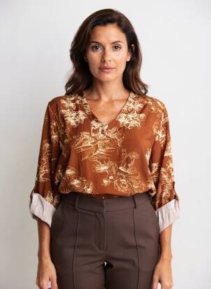 Bluză imprimeu floral mâneci lungi maro PIMENT ROUGE femeie