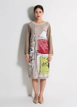 Rochie midi imprimeu fantezie mâneci lungi maro ELISA CAVALETTI femeie