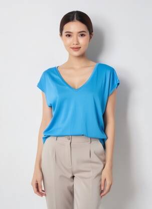 Tricou guler în v albastru PIECES femeie