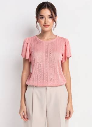 Tricou guler rotund roz JACQUELINE DE YONG femeie