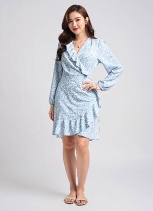 Rochie midi guler în v albastru ONLY femeie