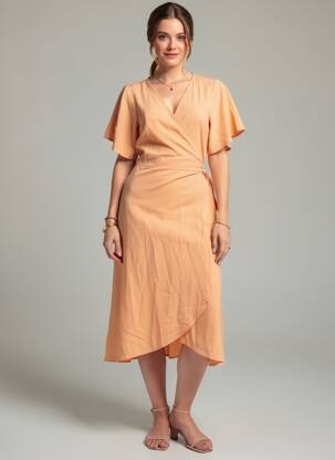 Rochie midi mâneci scurte mâneci scurte portocalie VERO MODA femeie