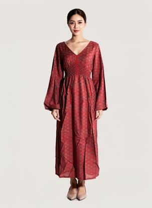 Rochie lungă imprimeu fantezie mâneci lungi roșu BAMBOO'S femeie