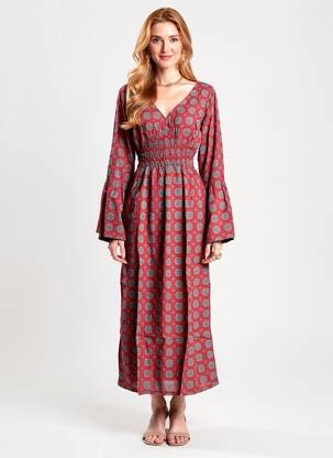 Rochie lungă imprimeu fantezie mâneci lungi roșu BAMBOO'S femeie