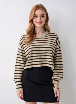 Pulover croială dreaptă mâneci lungi bej H&M femeie