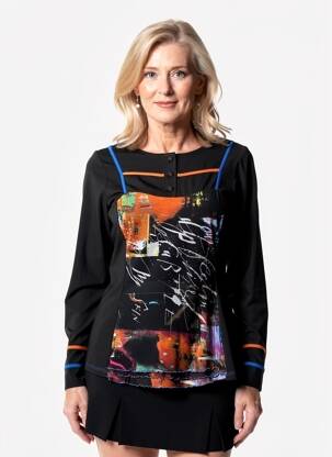 Tricou imprimeu fantezie mâneci lungi negru QUATRE VINGT JOURS femeie