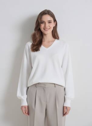 Pulover guler în v mâneci lungi alb WE FASHION femeie