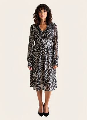 Rochie midi imprimeu fantezie mâneci lungi negru BARILOCHE femeie