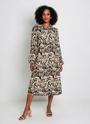 Rochie midi imprimeu fantezie mâneci lungi maro SOYACONCEPT femeie