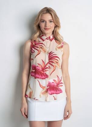 Cămașă imprimeu floral fără mâneci bej GUESS femeie