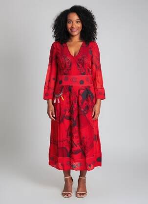 Rochie midi imprimeu fantezie mâneci lungi roșu DESIGUAL femeie