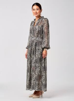 Rochie lungă imprimeu fantezie mâneci lungi negru PEACE N'LOVE femeie