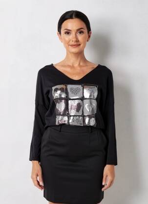 Pulover croială cambrată mâneci lungi negru MADE IN ITALY femeie