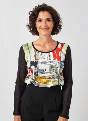 Tricou imprimeu fantezie mâneci lungi negru DOLCEZZA femeie