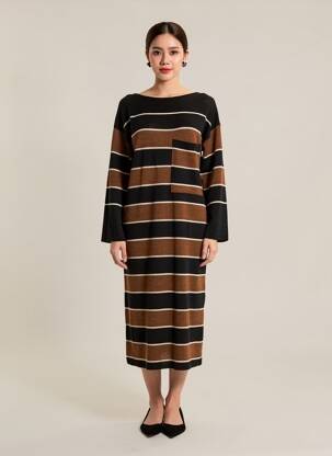 Rochie pulover croială dreaptă mâneci lungi maro HUMILITY femeie