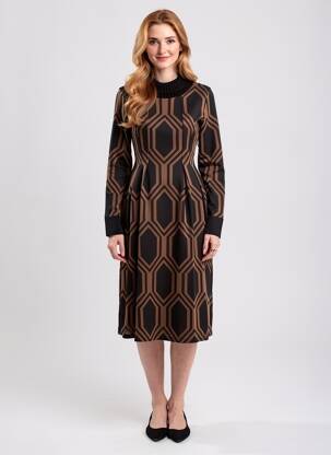 Rochie midi imprimeu fantezie mâneci lungi maro LA FEE MARABOUTEE femeie