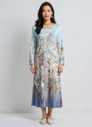Rochie midi imprimeu fantezie mâneci lungi albastru DOLCEZZA femeie