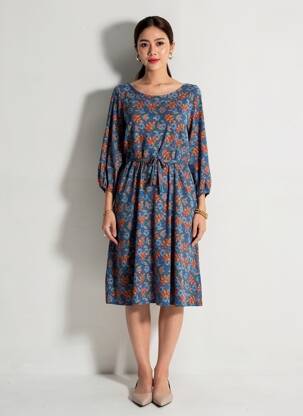Rochie midi imprimeu fantezie mâneci lungi albastru PRINCESSE NOMADE femeie