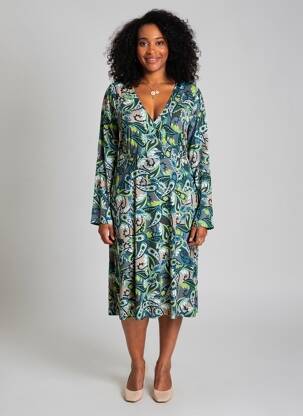 Rochie midi imprimeu fantezie mâneci lungi verde SURKANA femeie