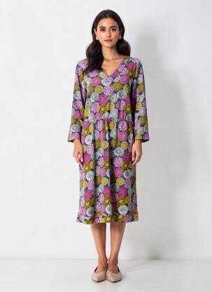 Rochie midi imprimeu floral mâneci lungi roz MISTRAL femeie