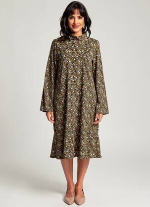 Rochie midi imprimeu floral mâneci lungi verde TRANQUILLO femeie