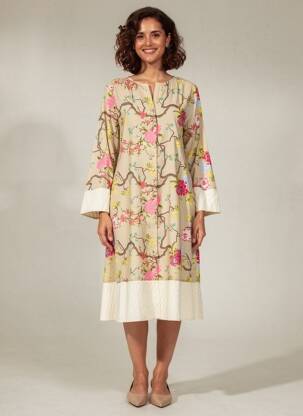 Rochie midi imprimeu fantezie mâneci lungi bej RHUM RAISIN femeie