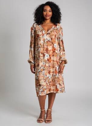 Rochie midi imprimeu fantezie mâneci lungi maro CREAM femeie