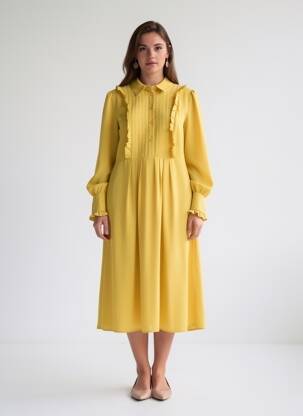 Rochie midi țesătură crep mâneci lungi galben CLAUDIE PIERLOT femeie