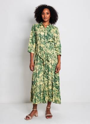Rochie lungă imprimeu fantezie mâneci lungi verde GOA femeie