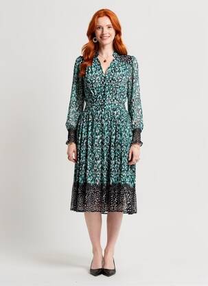 Rochie midi imprimeu fantezie mâneci lungi verde SUNCOO femeie