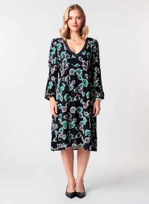 Rochie midi imprimeu fantezie mâneci lungi negru IKKS femeie