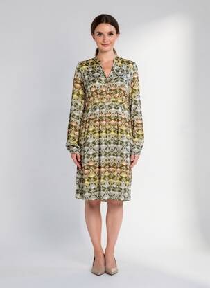 Rochie midi imprimeu fantezie mâneci lungi verde DIPLODOCUS femeie