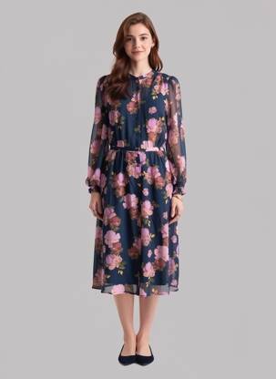 Rochie midi imprimeu floral mâneci lungi albastru LA PETITE ETOILE femeie