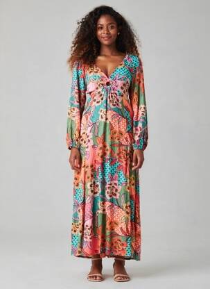 Rochie lungă imprimeu fantezie mâneci lungi roz BILLABONG femeie