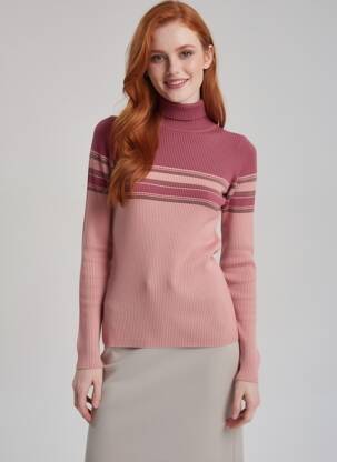 Pulover cu guler înalt croială cambrată mâneci lungi roz SANS MARQUE femeie