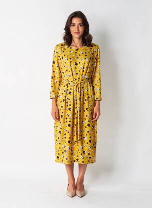Rochie midi imprimeu floral mâneci 3/4 galben FOR HER PARIS femeie