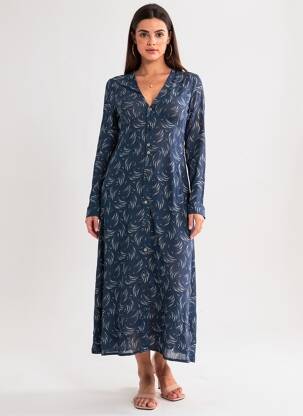 Rochie midi imprimeu fantezie mâneci lungi albastru INDIE+MOI femeie