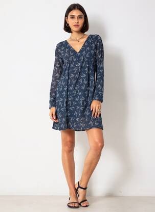 Rochie midi imprimeu fantezie mâneci lungi albastru INDIE+MOI femeie