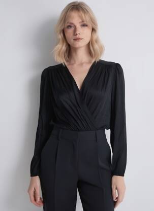 Body guler în v mâneci lungi negru ARTLOVE femeie