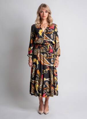 Rochie midi imprimeu fantezie mâneci lungi negru LEE COOPER femeie
