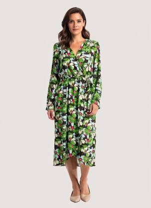 Rochie midi imprimeu fantezie mâneci lungi verde ORFEO femeie