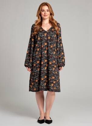 Rochie midi imprimeu fantezie mâneci lungi negru MD'M femeie