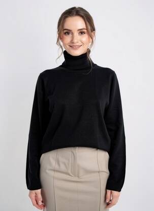 Pulover cu guler înalt elasticitate mâneci lungi negru CASHMERE FEELING femeie