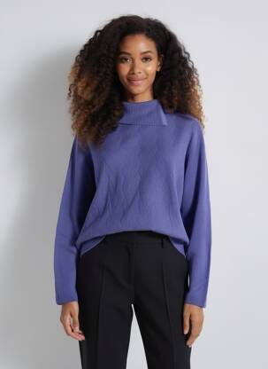 Pulover cu guler înalt croială cambrată mâneci lungi albastru CASHMERE FEELING femeie