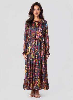 Rochie lungă imprimeu fantezie mâneci lungi negru GRACE & MILA femeie
