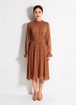 Rochie midi imprimeu fantezie mâneci lungi maro LOUCHE femeie