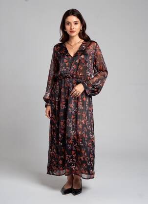 Rochie lungă imprimeu fantezie mâneci lungi negru LA PETITE ETOILE femeie